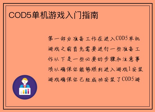 COD5单机游戏入门指南
