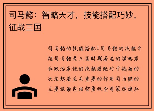 司马懿：智略天才，技能搭配巧妙，征战三国