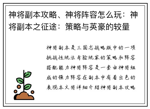 神将副本攻略、神将阵容怎么玩：神将副本之征途：策略与英豪的较量