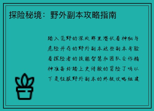 探险秘境：野外副本攻略指南